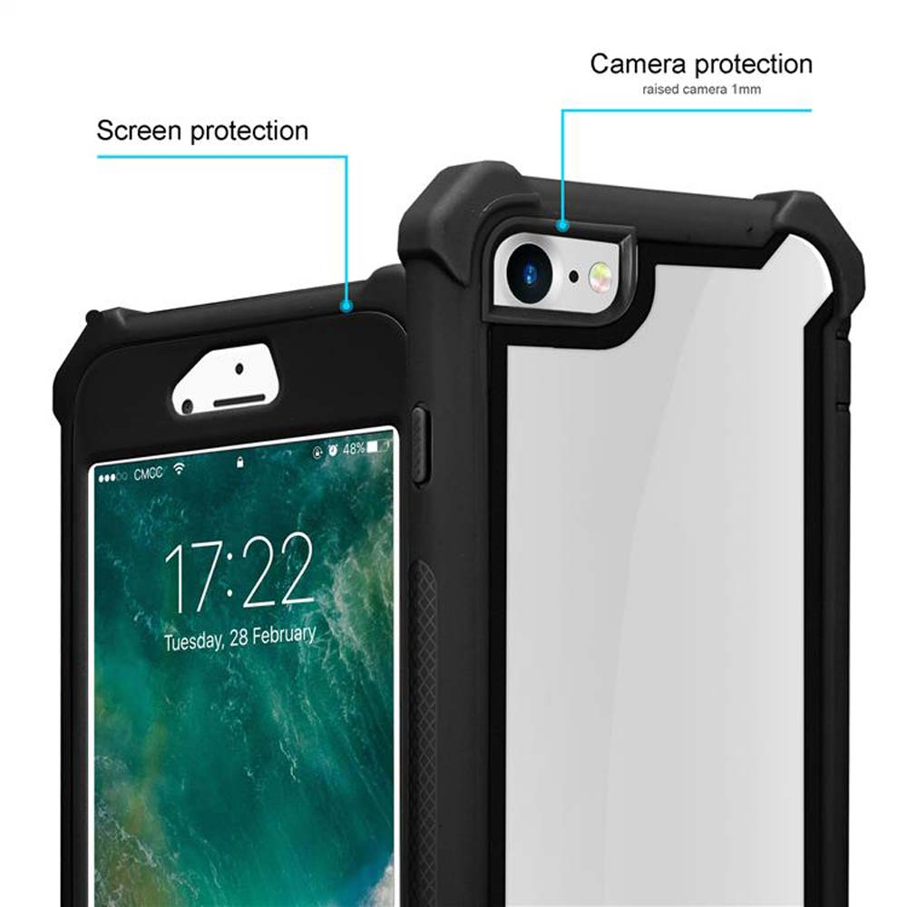 Custodia per telefono nera con protezione schermo e fotocamera. Il retro mostra la fotocamera.