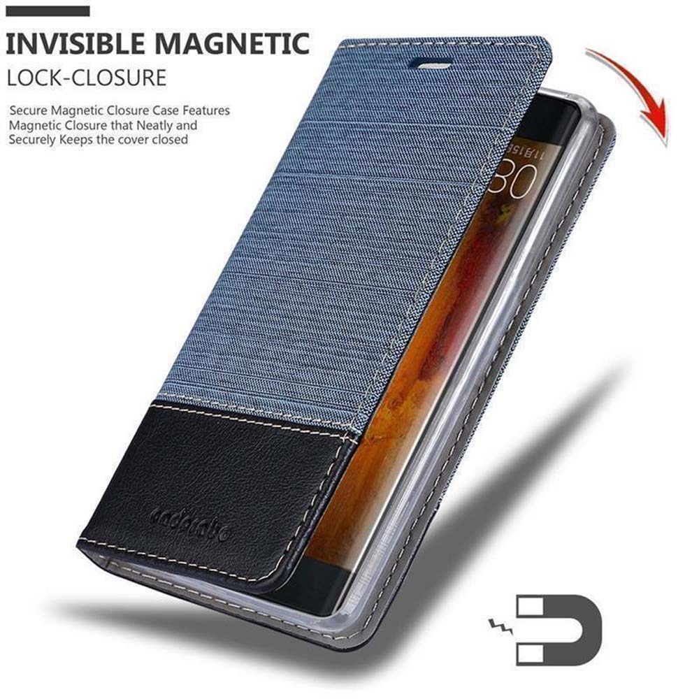 Telefono in una custodia di jeans blu. La custodia ha una chiusura magnetica. Il testo indica una chiusura magnetica invisibile.