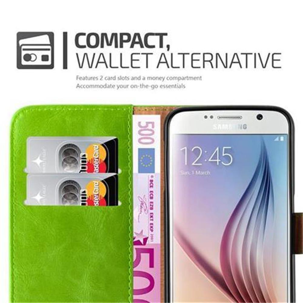 Custodia a portafoglio verde con carte di credito e telefono. Testo: "Compatta, alternativa al portafoglio".