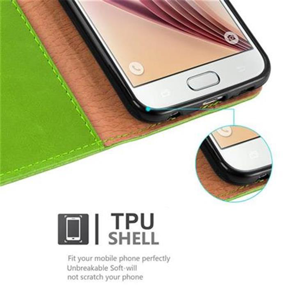 Telefono in una custodia con un design verde e marrone. Il testo dice guscio in TPU. Il telefono è bianco.