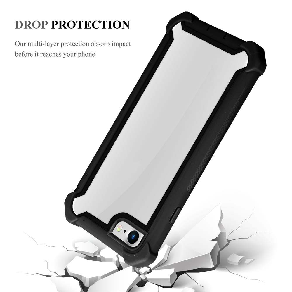 Un telefono in una custodia protettiva nera, con schermo bianco, che cade. Testo: Drop Protection.