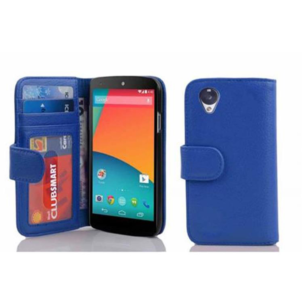 Funda de cartera azul para teléfono. Abierta con tarjetas visibles. Teléfono en el lado derecho.