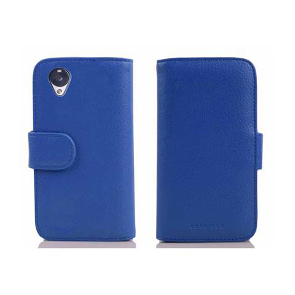 Funda de teléfono de cuero azul, abierta y cerrada, mostrando el frente y la parte trasera. Diseño simple.