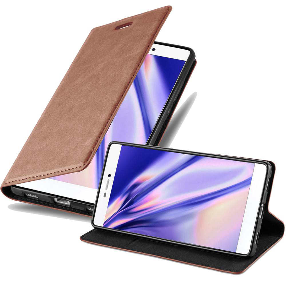 Funda de teléfono marrón con tapa abierta, teléfono en funda en soporte.