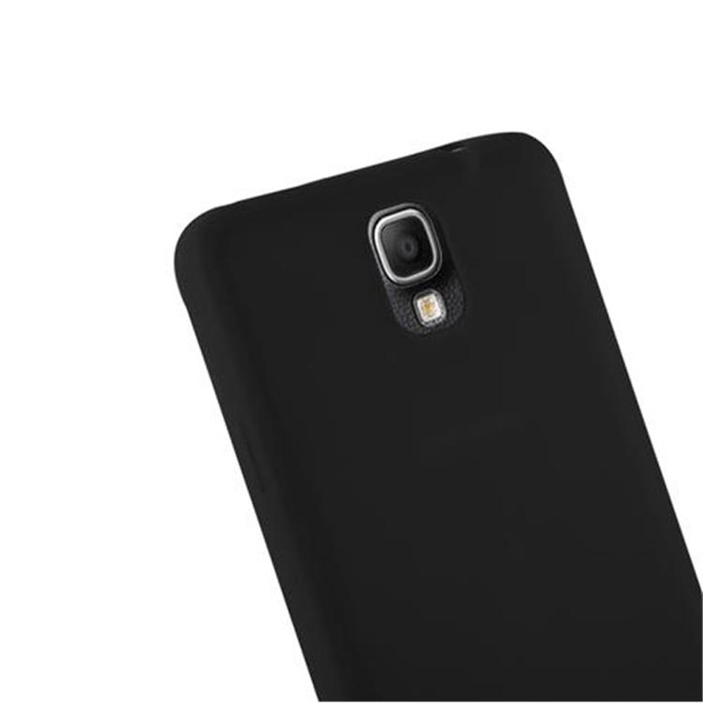 Funda negra para teléfono con orificio para la cámara. El teléfono es negro y tiene una cámara.