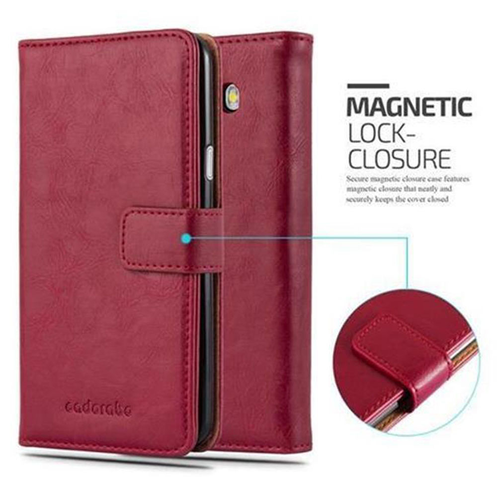 Rote Leder-Handyhülle mit Magnetverschluss. Die Hülle ist offen und zeigt das Telefon im Inneren.