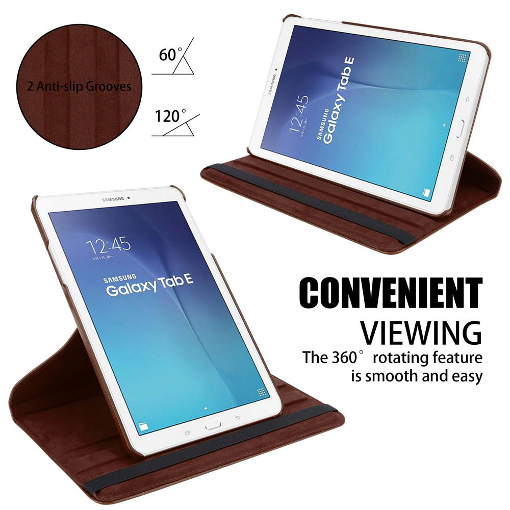 Eine braune Tablethülle mit einem Tablet darin. Die Hülle ist geöffnet und zeigt das Tablet in verschiedenen Positionen, beschriftet mit „Bequemes Betrachten“.
