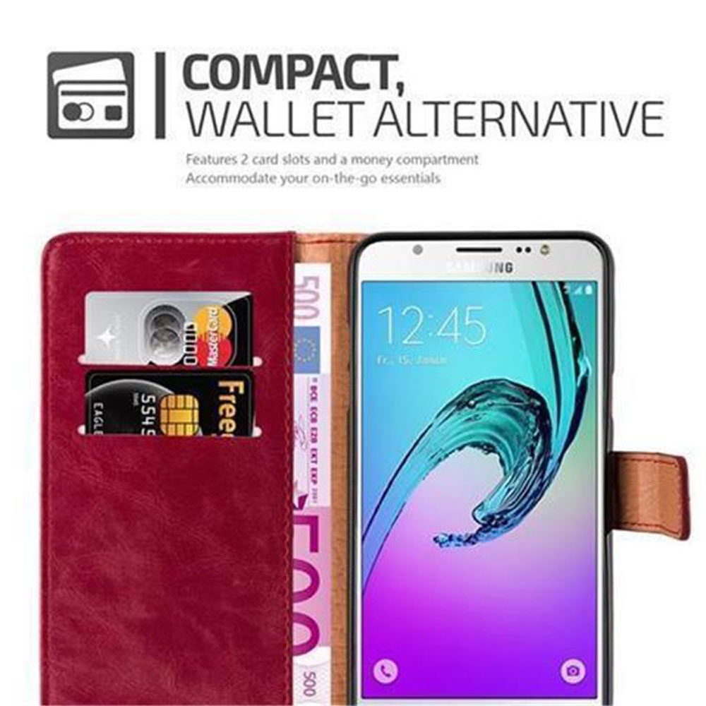 Ein Telefon in einer Brieftasche mit Kartenfächern und Geld. Das Telefon zeigt die Uhrzeit an.