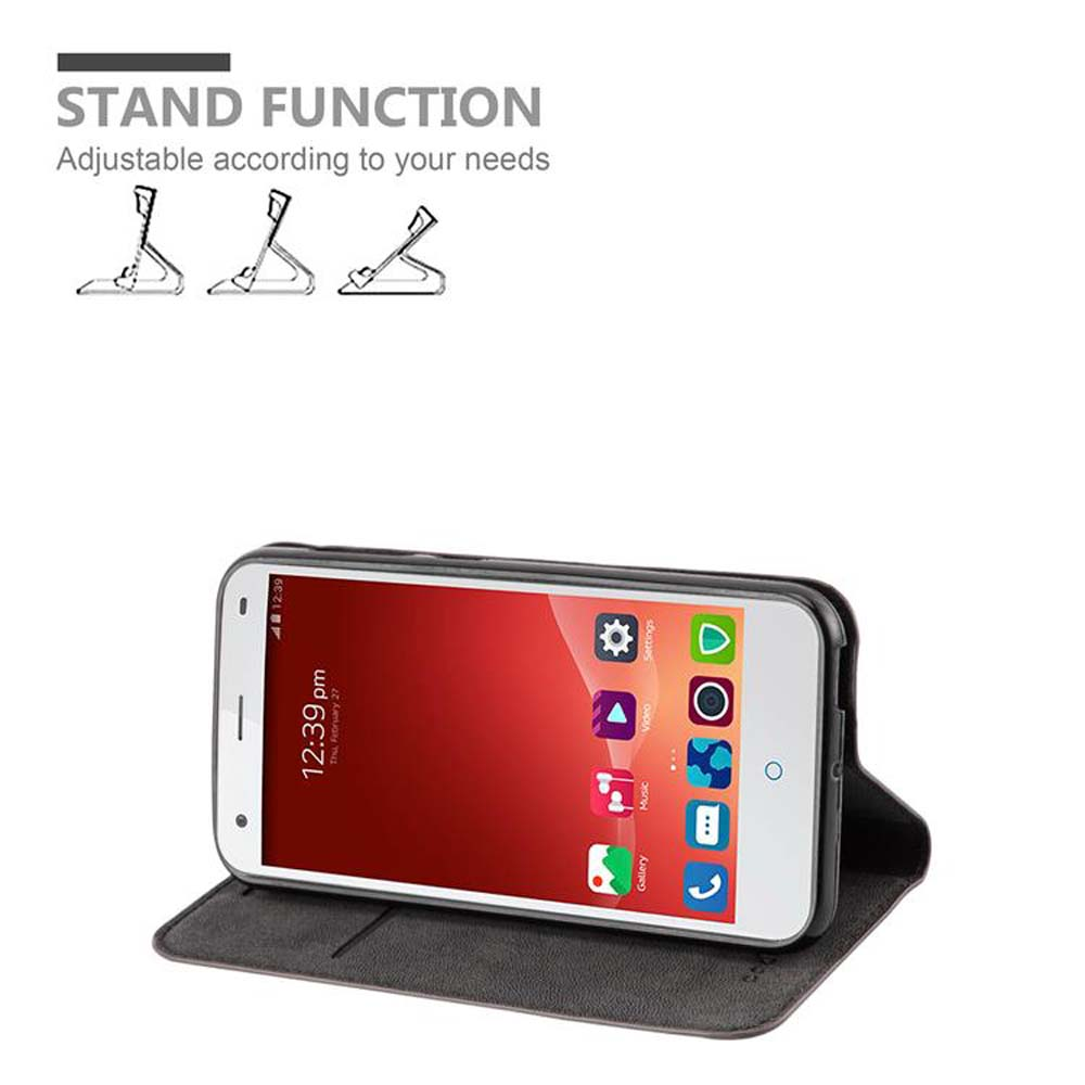 Telefono in custodia grigia, schermo con icone, grafico funzione supporto.