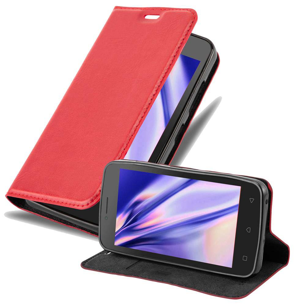 Due telefoni in custodie rosse. Uno aperto, uno chiuso. Entrambi mostrano arte astratta sugli schermi.
