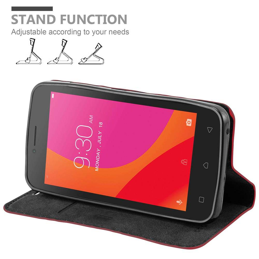 Telefono in una custodia, aperto. Mostra lo schermo e una funzione di supporto. Design nero e rosso.