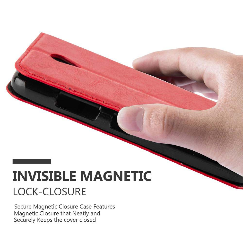 Custodia rossa per telefono, aperta, con una mano che la tiene. Testo: 'INVISIBLE MAGNETIC LOCK-CLOSURE'.