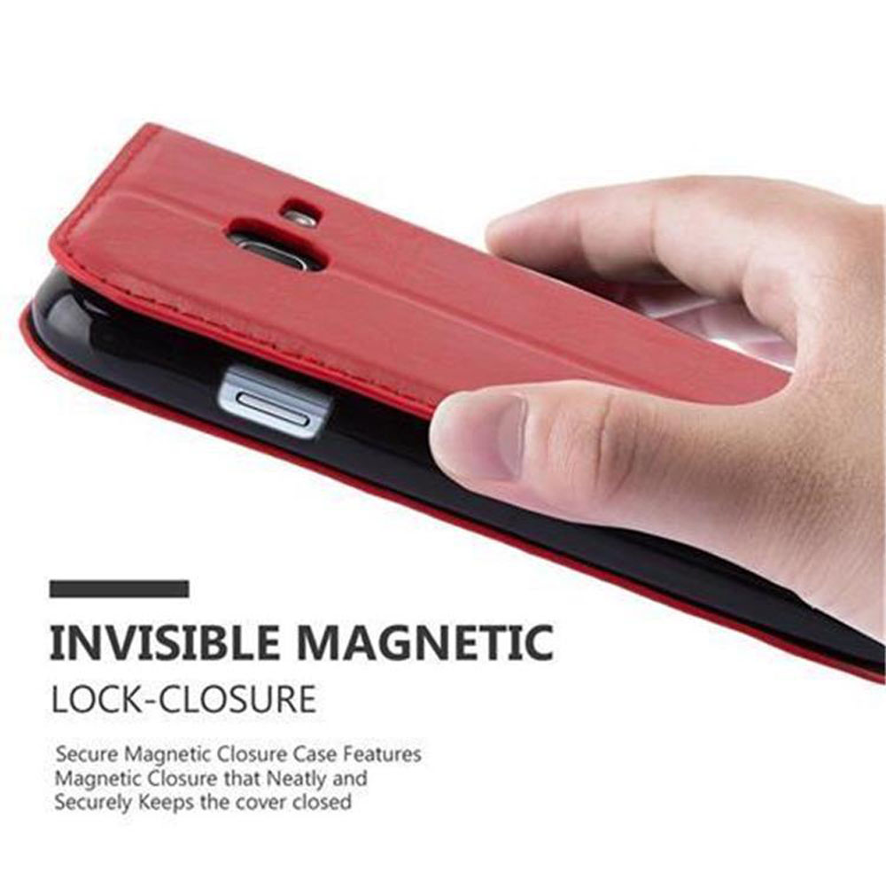 Hand hält eine rote Handyhülle. Die Hülle ist offen und zeigt ein Telefon. Text: Unsichtbarer Magnetverschluss.