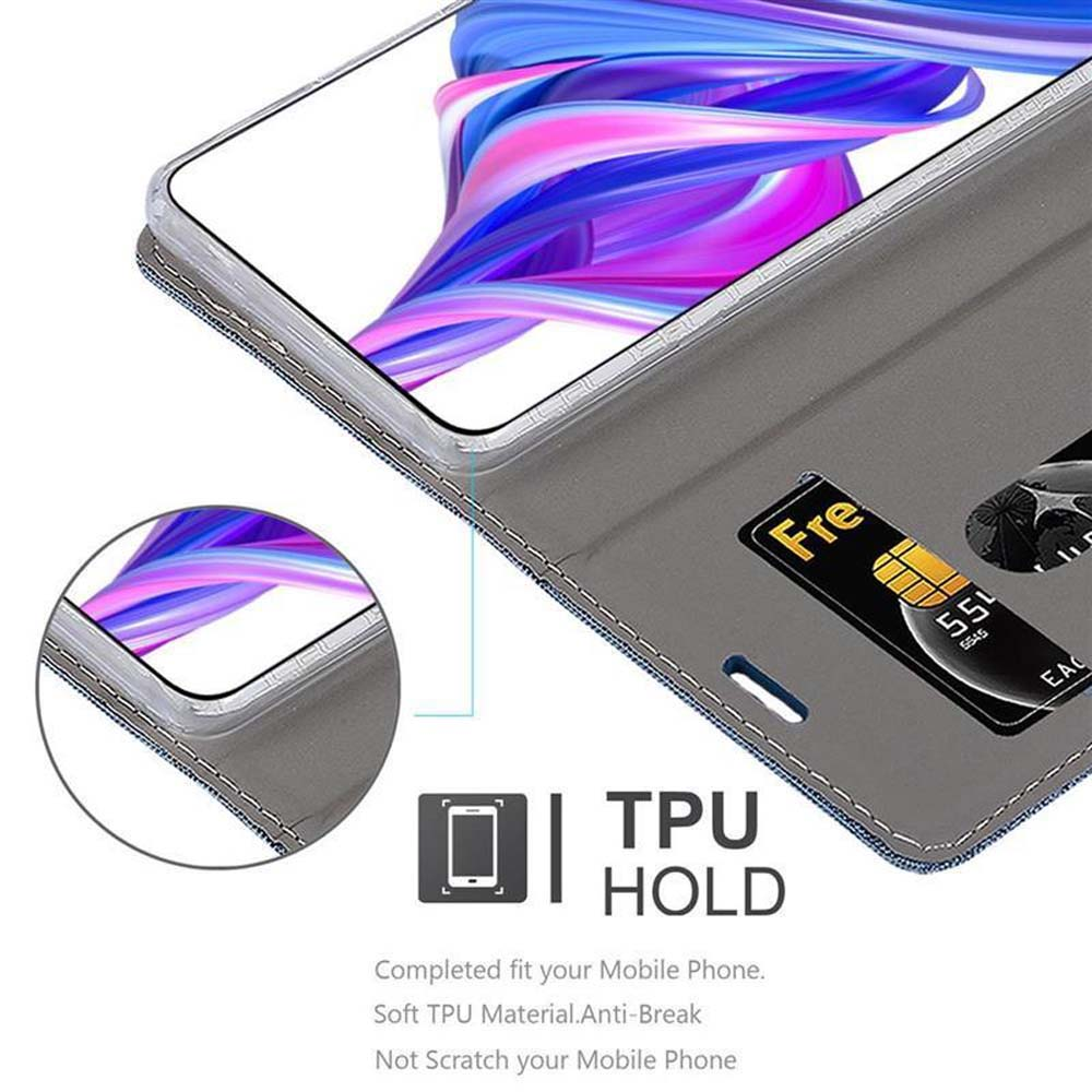 Custodia del telefono aperta, che mostra telefono e carta di credito. Testo: TPU Hold.