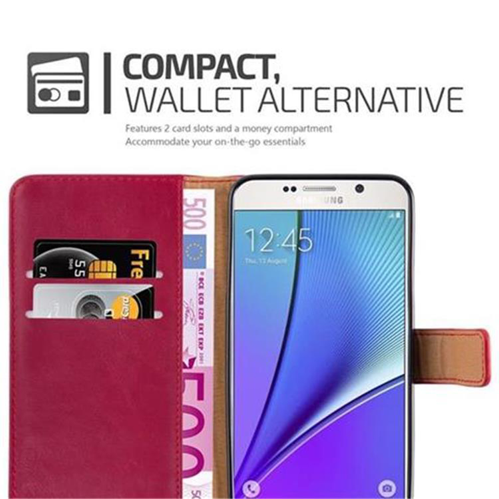 Teléfono en funda tipo cartera mostrando tarjetas y dinero. Cartera roja.