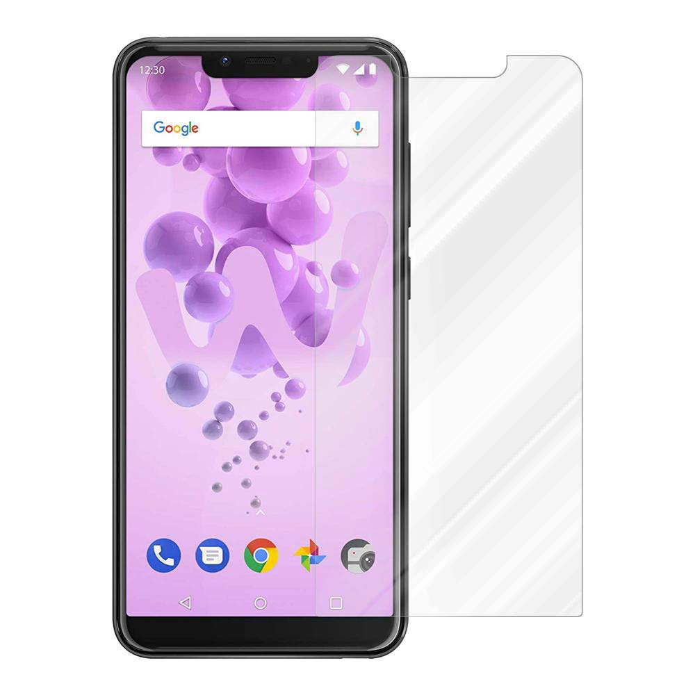 Uno smartphone con protezione schermo. Il telefono mostra la barra di ricerca Google e sfondo viola con bolle.