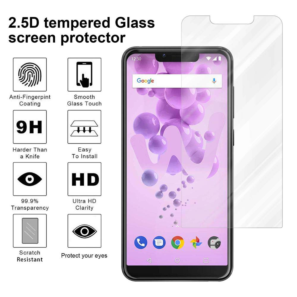 Schermo del telefono con protezione schermo. Le icone delle funzionalità e dei dettagli circondano il telefono. Testo: Vetro temperato 2.5D.