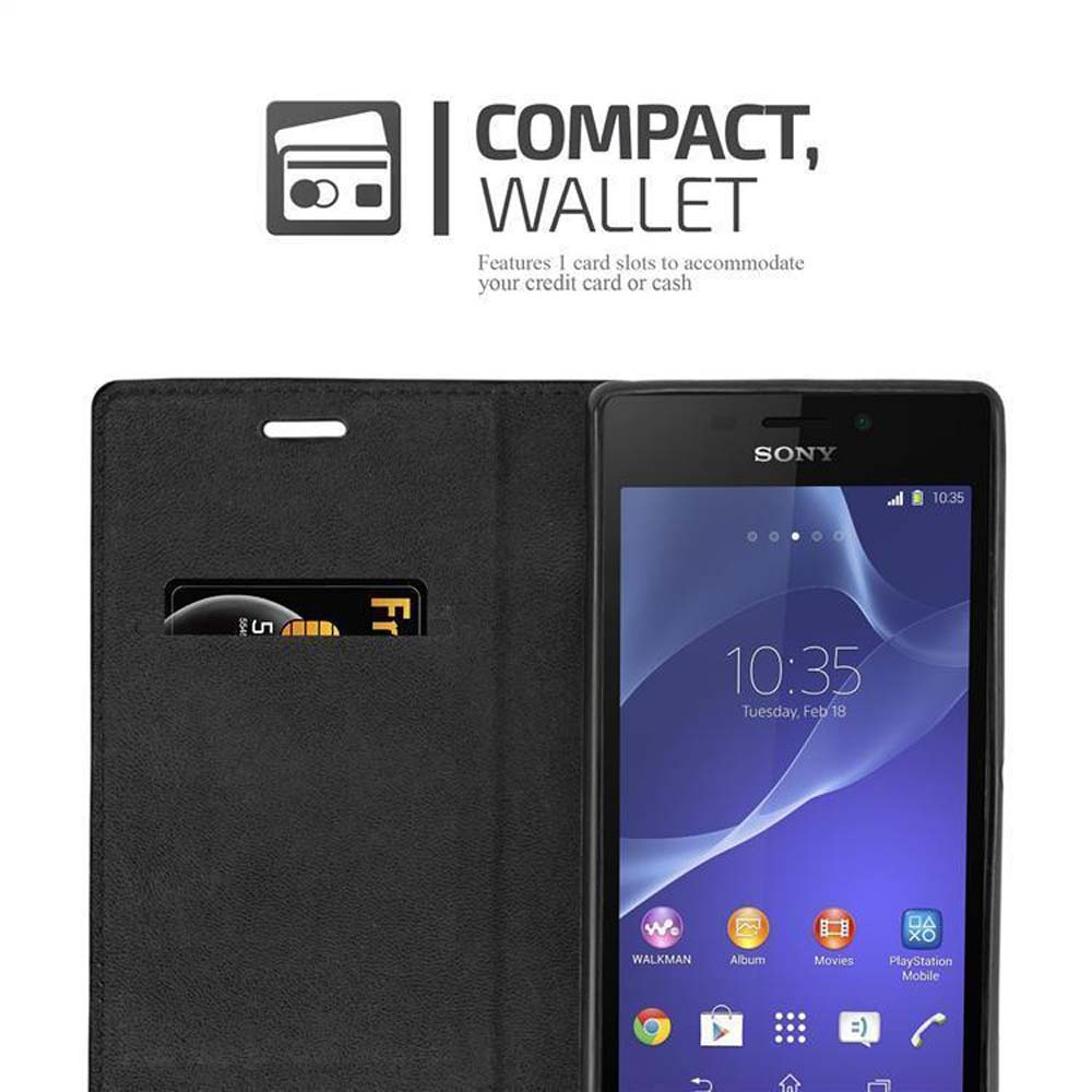Telefono nero in custodia con carta. Testo: Compatto, Portafoglio. Sfondo nero.