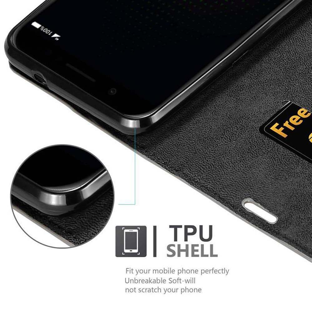 Telefon in schwarzem Gehäuse mit offenem Portemonnaie. Das Gehäuse hat eine TPU-Schale. Eine Karte befindet sich im Portemonnaie.