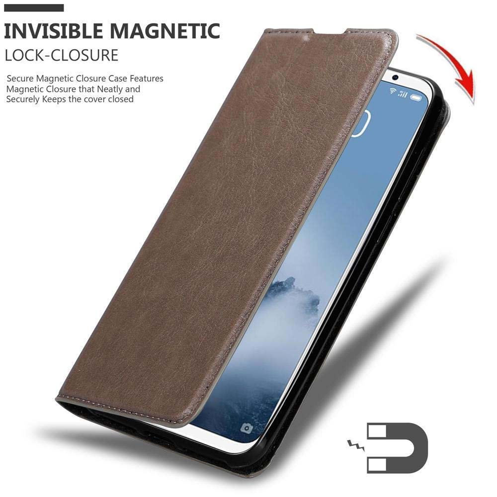 Telefono in una custodia marrone. La custodia ha una chiusura magnetica.