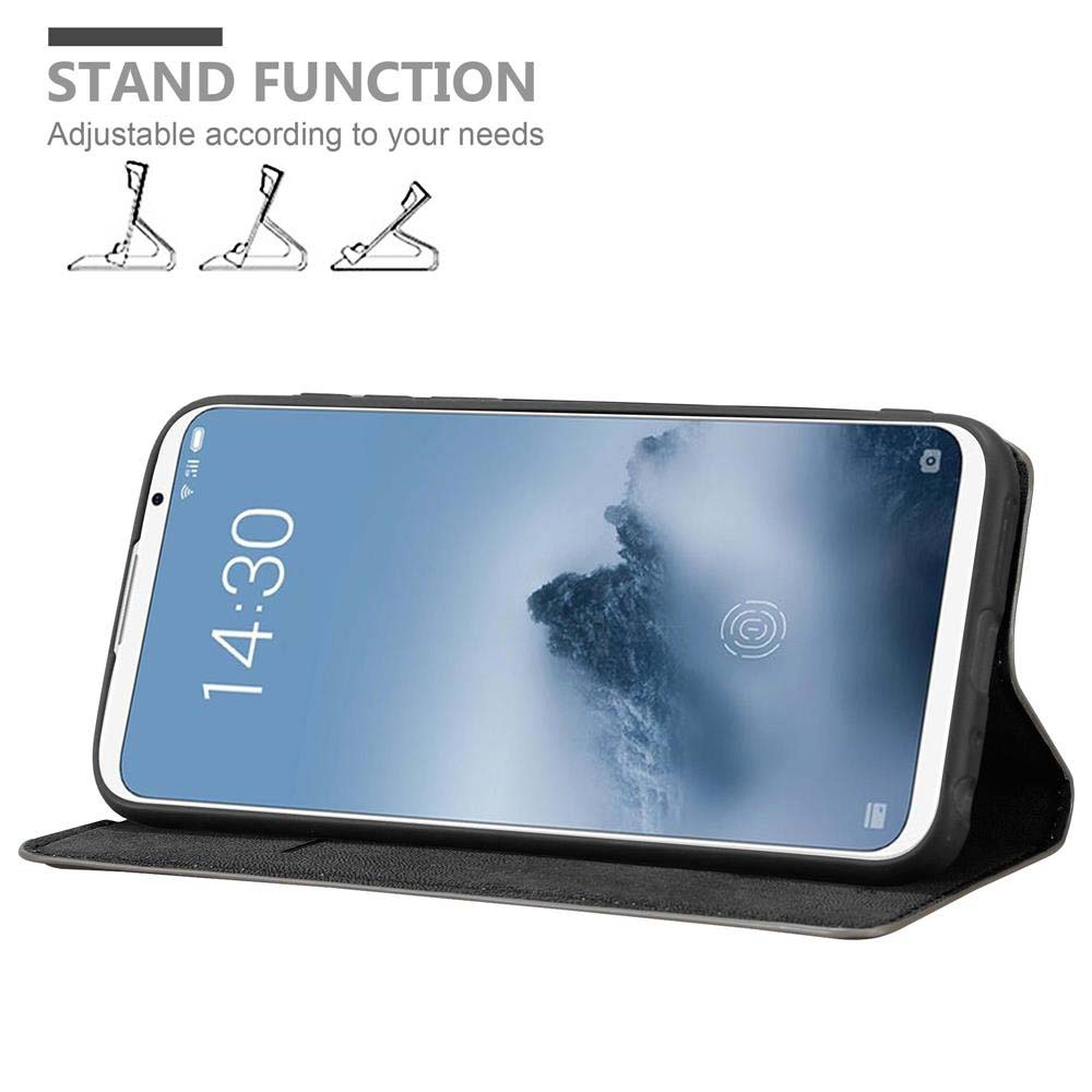 Telefono in custodia nera, schermo mostra paesaggio, con funzione stand. Testo: 'STAND FUNCTION'.