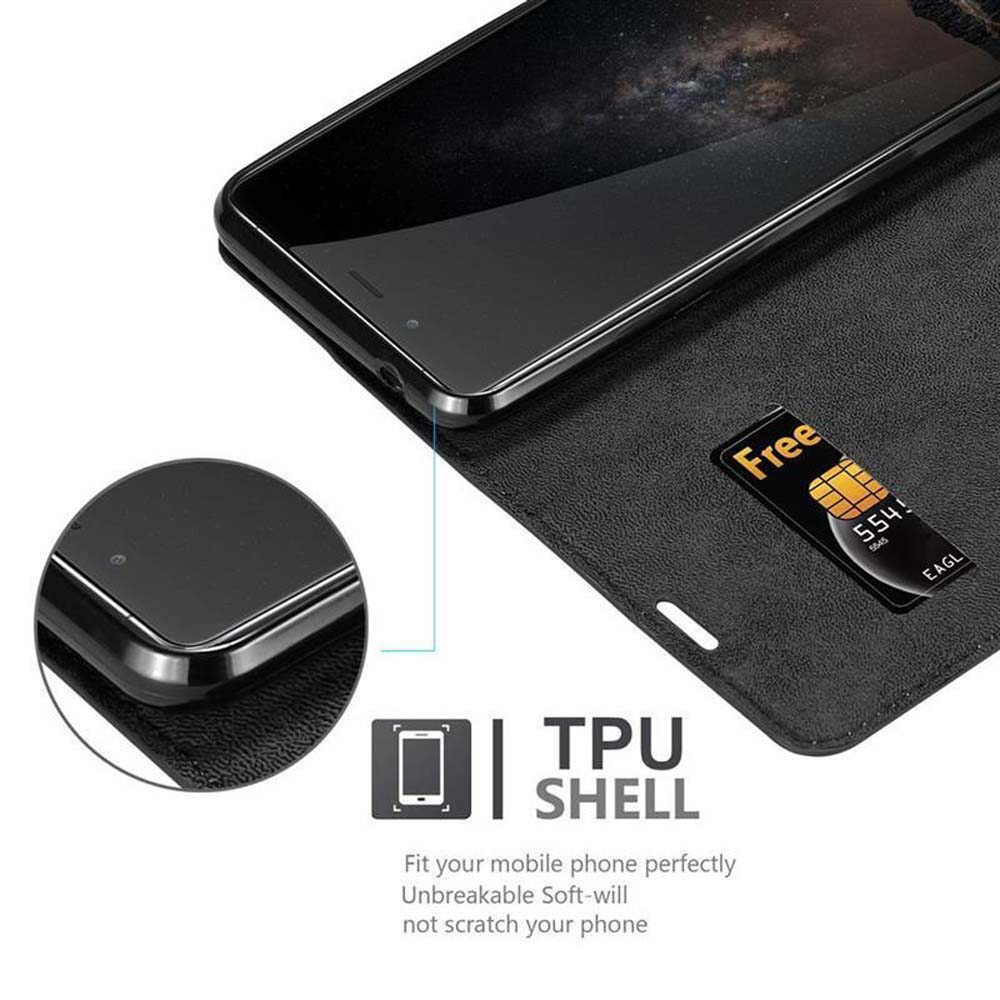 Un telefono in una custodia con una carta. Testo: Guscio in TPU. Lo schermo del telefono è nero.