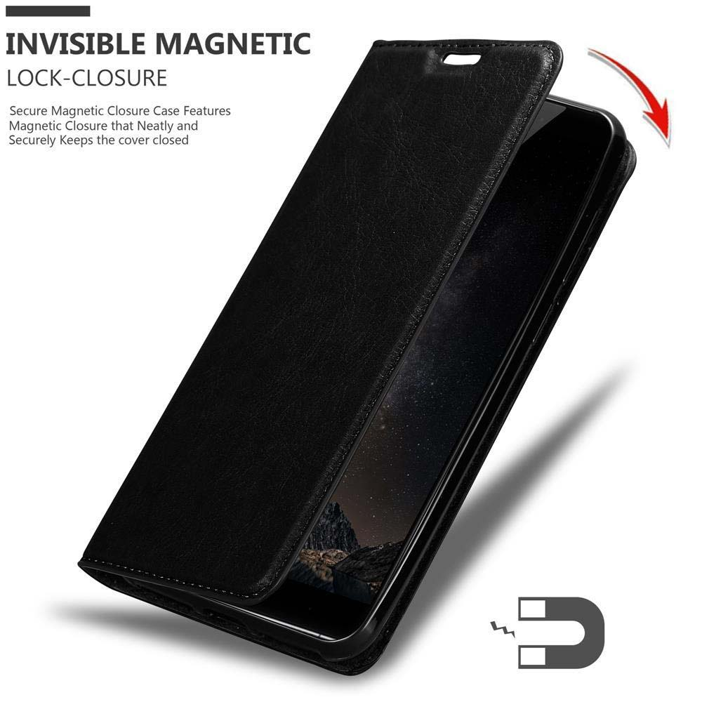 Una custodia per telefono nera chiusa, con un design di chiusura magnetica. Il magnete è mostrato in basso.