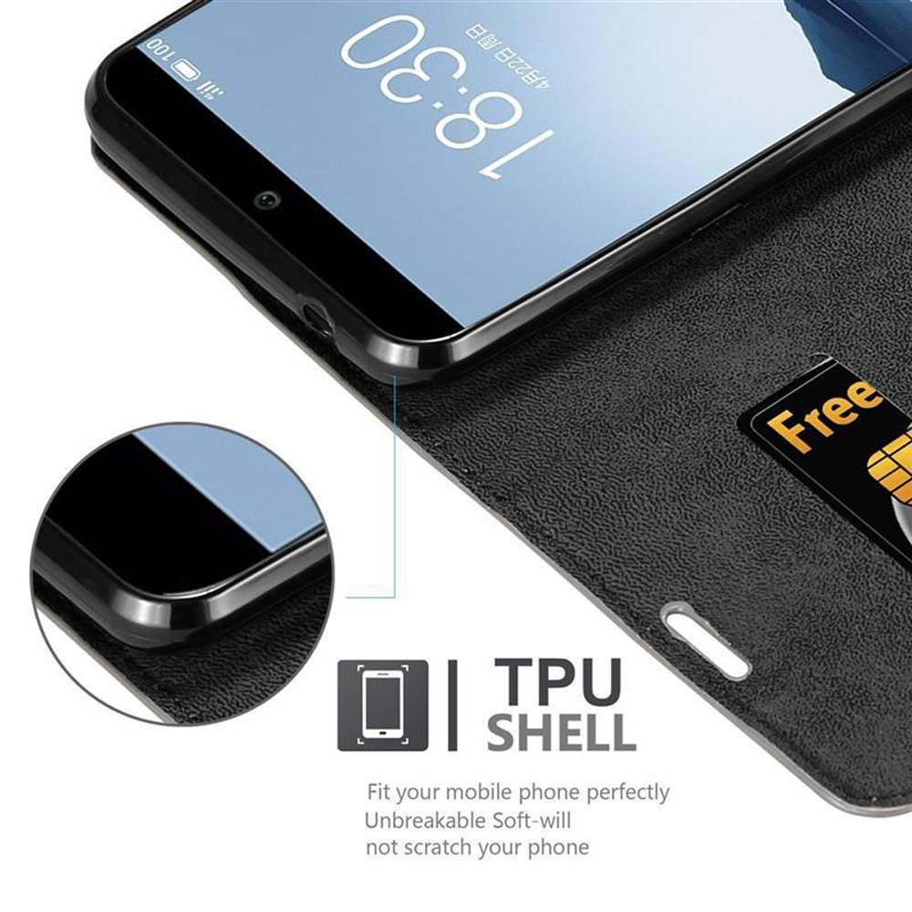 Telefon in schwarzem Gehäuse mit offenem Portemonnaie. Das Gehäuse hat eine TPU-Schale. Eine Karte befindet sich im Portemonnaie.