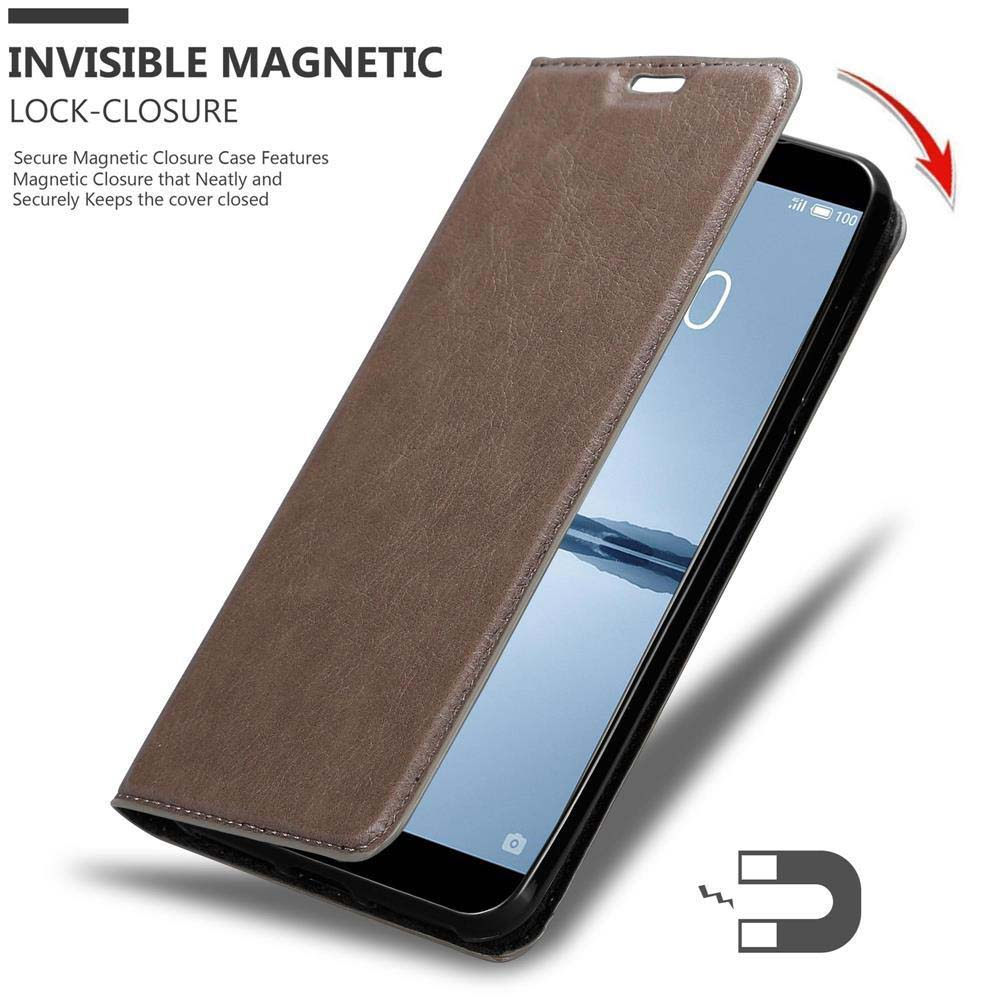 Ein Telefon in einer braunen Hülle, das einen Magnetverschluss und einen Telefonbildschirm zeigt.