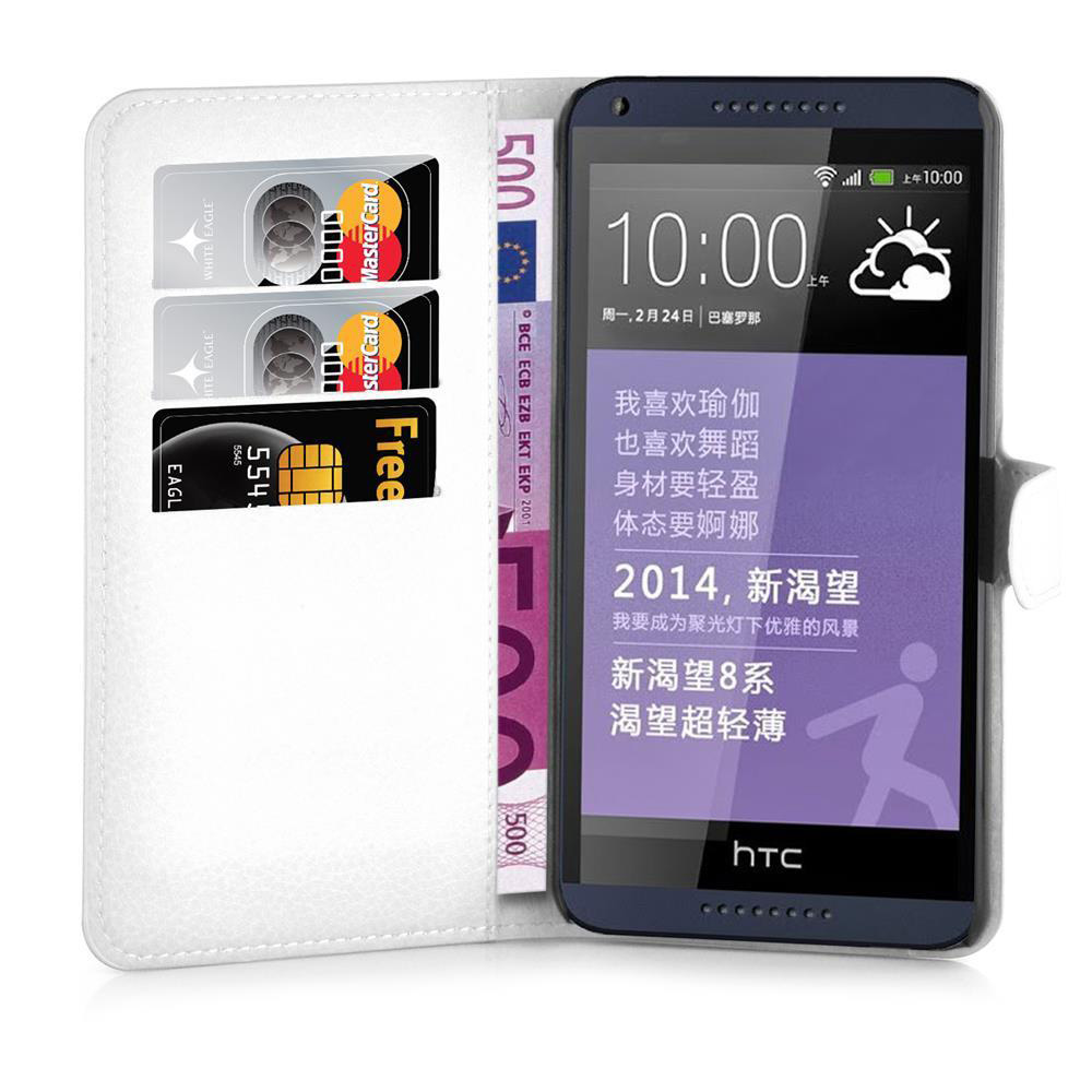 Weiße Handyhülle offen, zeigt Telefon und Kreditkarten. Text auf Chinesisch und Englisch.