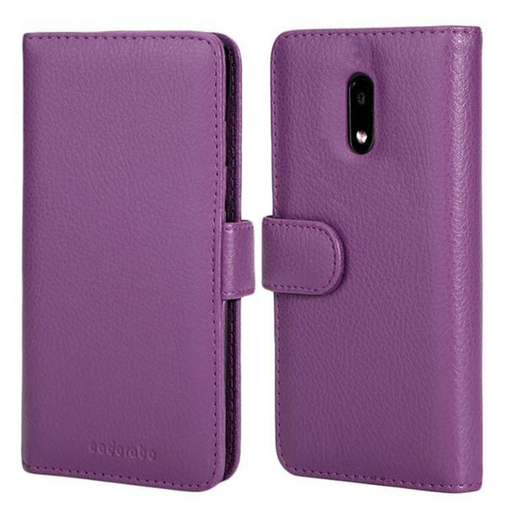 Custodia per telefono viola, aperta e chiusa. La custodia chiusa ha una chiusura. Telefono non visibile.