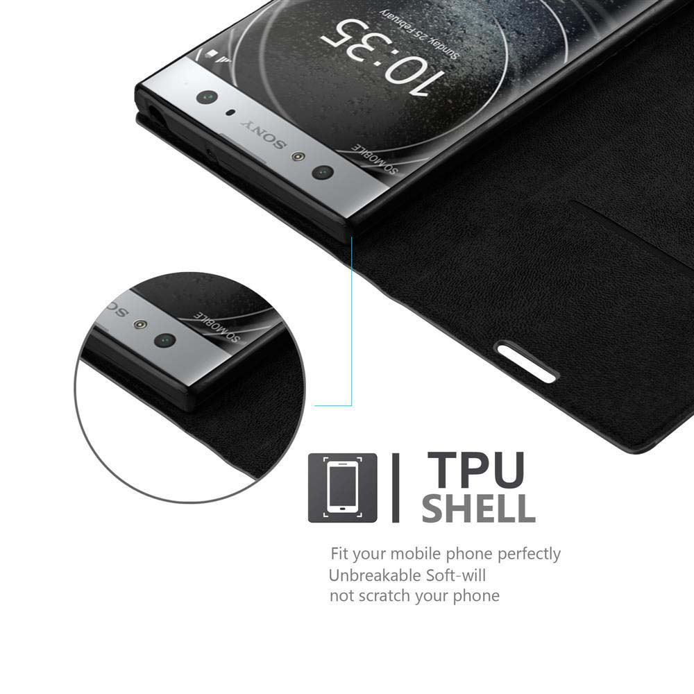 Teléfono Sony en una funda negra, abierto, mostrando la pantalla. La hora es 10:35. Gráfico TPU SHELL presente.