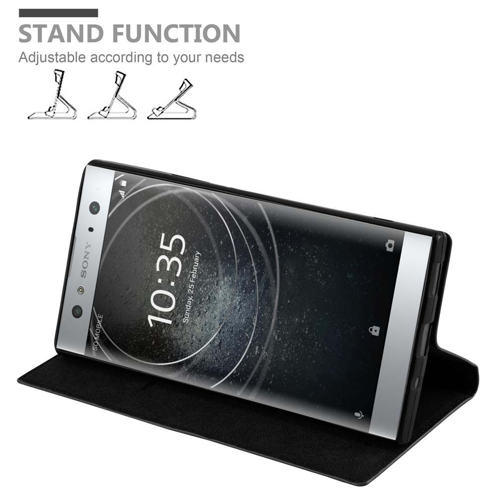 Teléfono en una funda negra abierta. La pantalla muestra la hora y la fecha. La funda está en posición de soporte.
