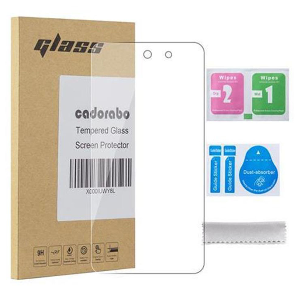 Kit protector de pantalla de vidrio templado. Incluye pantalla, toallitas y pegatinas. Caja de cartón con detalles.