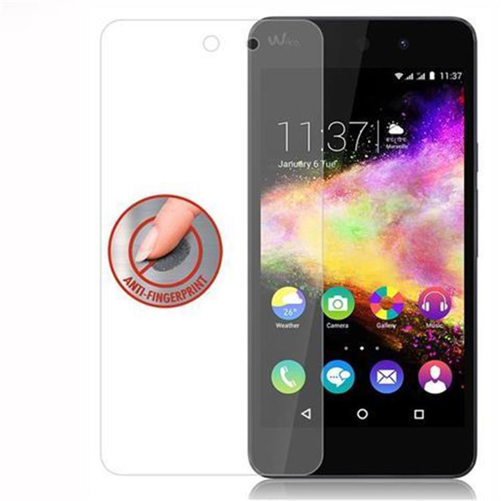 Teléfono con protector de pantalla e iconos. Texto: Anti-Huellas Dactilares. Iconos mostrados con descripción.