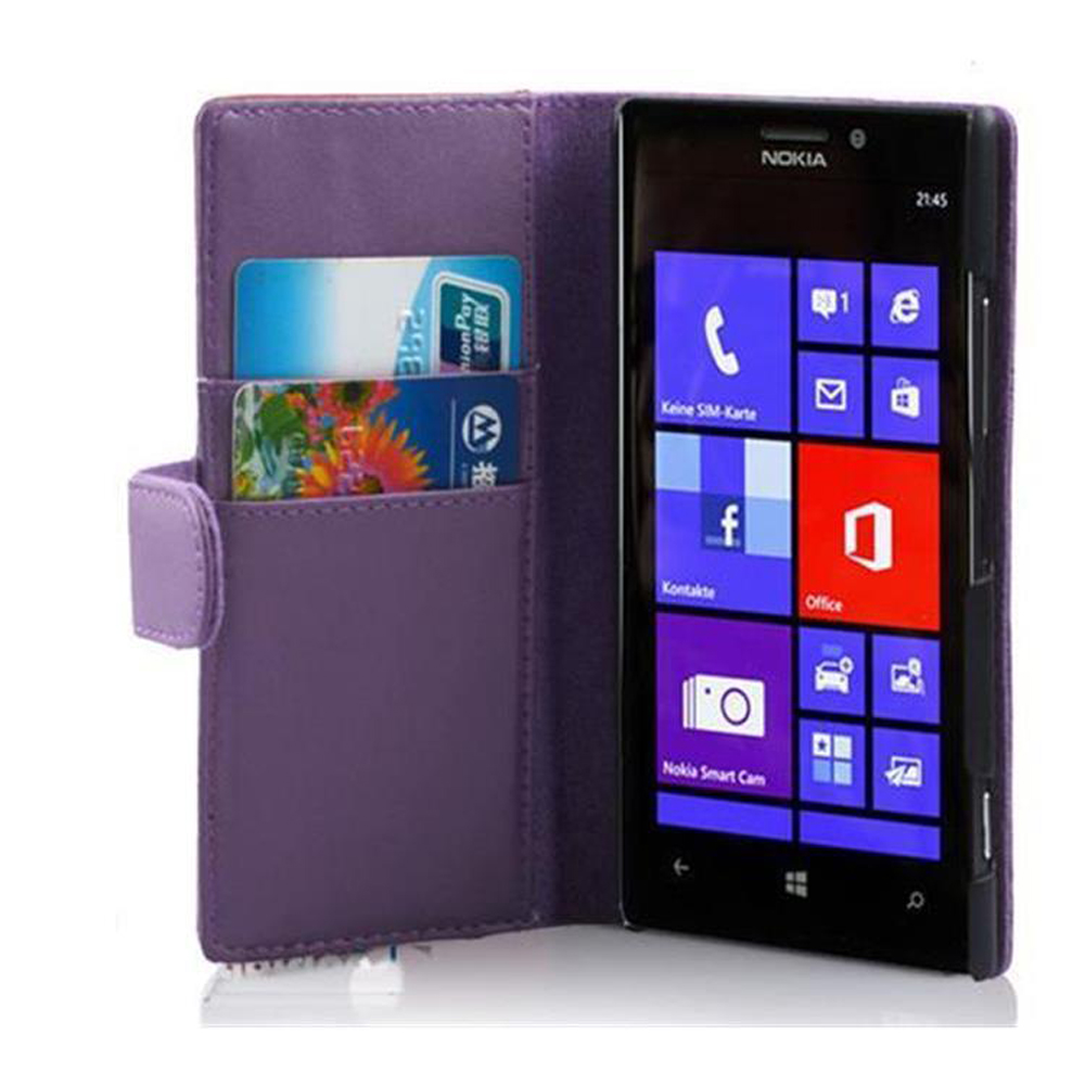 Étui de téléphone violet, ouvert, affichant un téléphone avec interface. Cartes dans les fentes. Logo Nokia en haut.