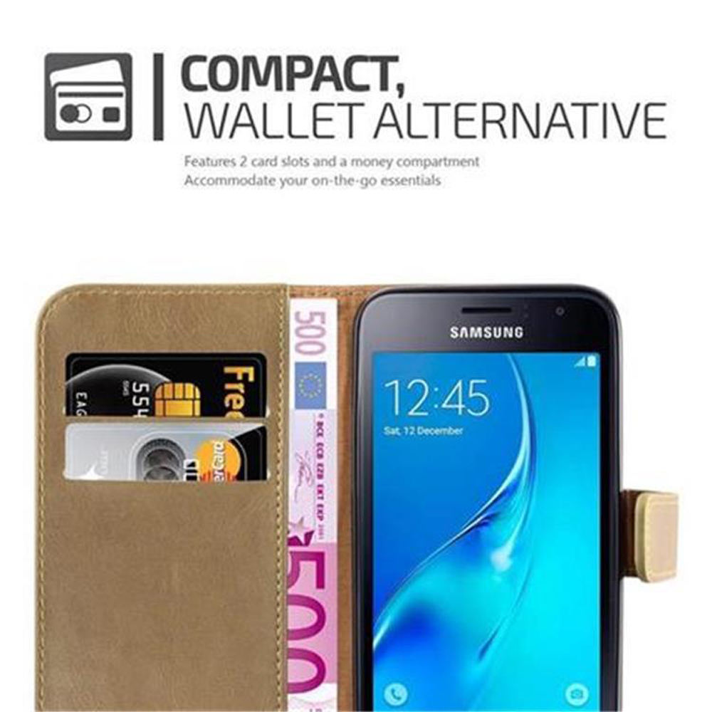 Custodia a portafoglio beige con telefono, carta di credito e banconota, testo: Compatto, Alternativa al portafoglio.