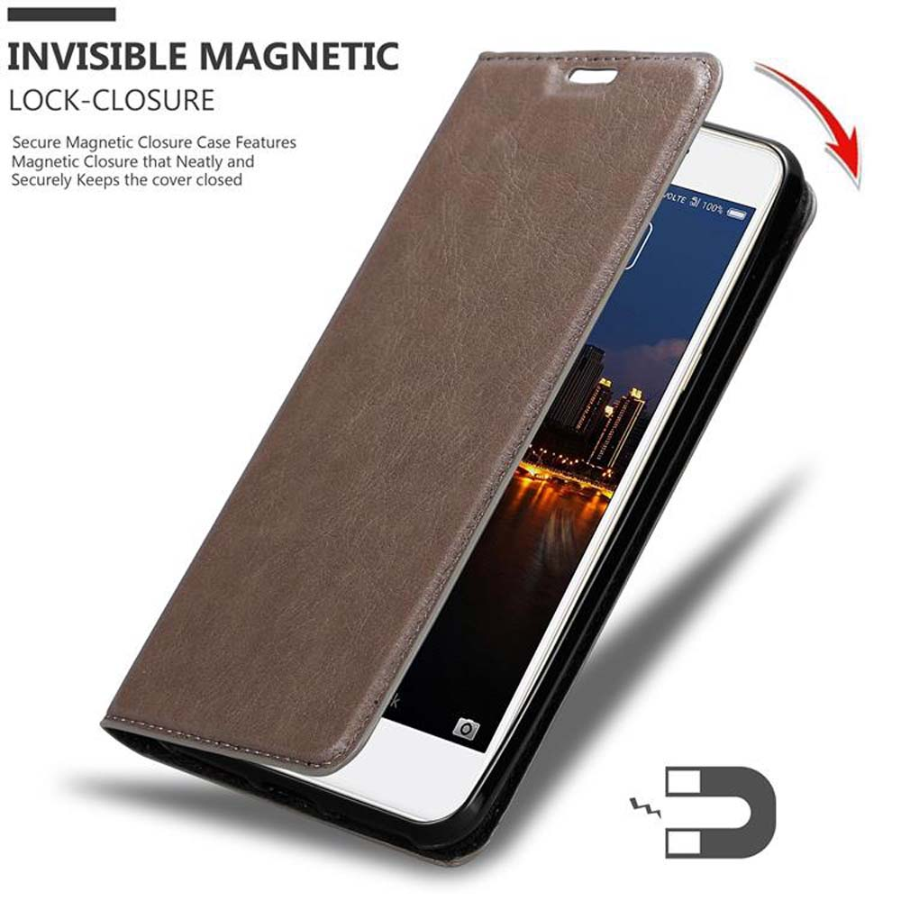 Una custodia marrone per telefono si apre, rivelando un telefono. La custodia ha una chiusura magnetica.