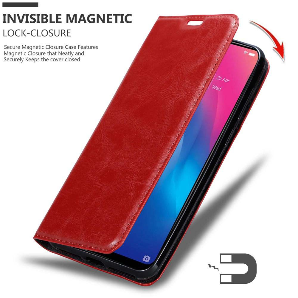 Custodia per telefono rossa, aperta, con un telefono all'interno, che mostra i dettagli di Chiusura Magnetica Invisibile.