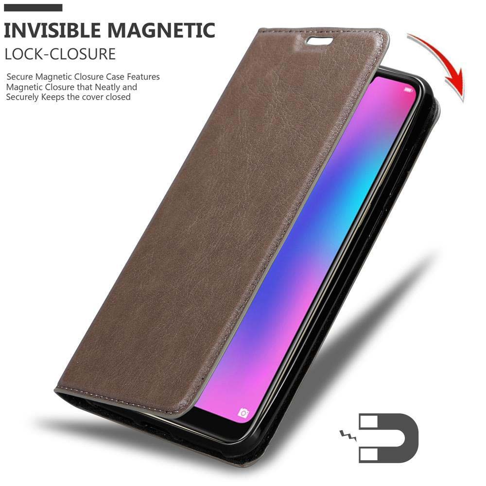Custodia per telefono in pelle marrone con coperchio aperto. All'interno c'è un telefono con schermo viola e blu.