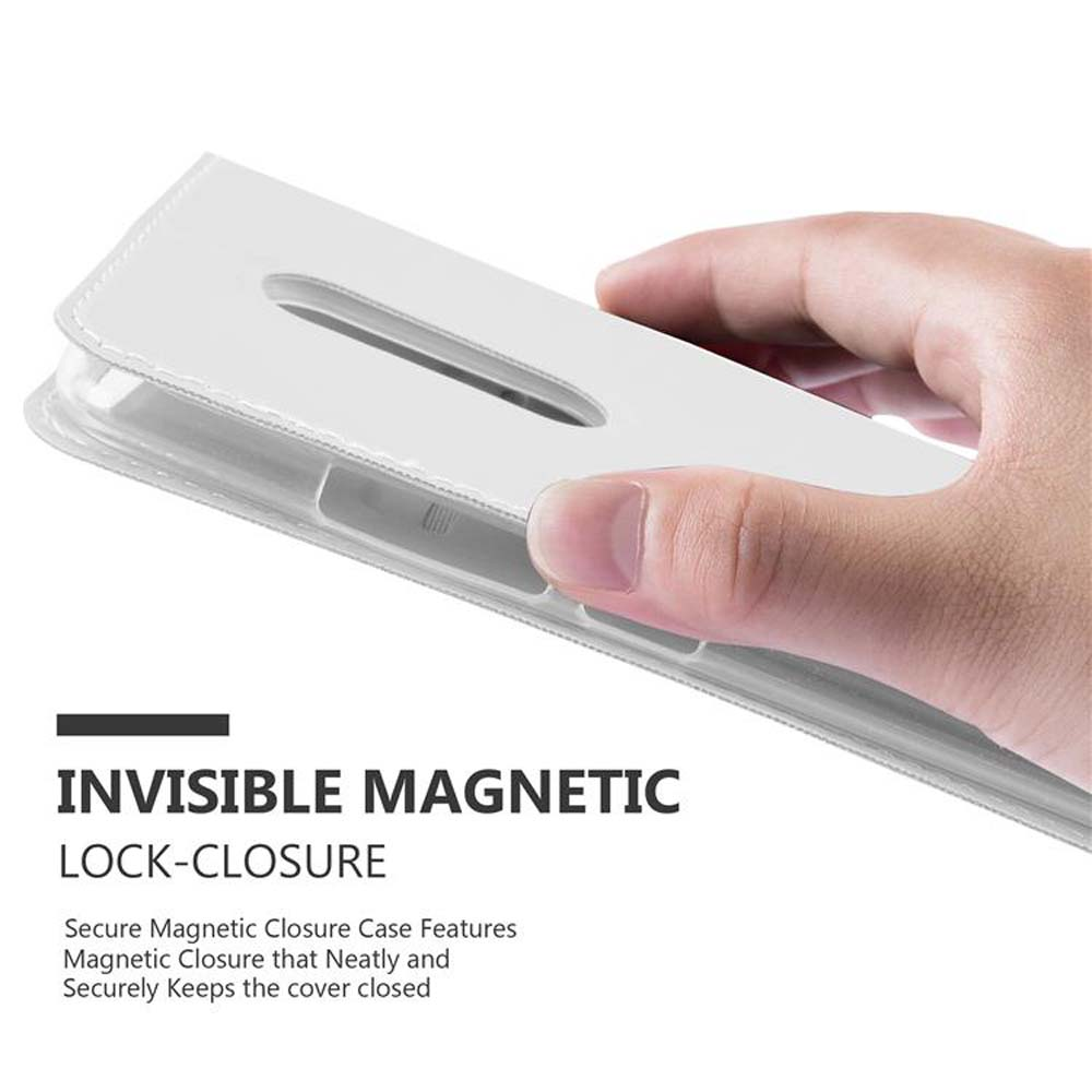 Weiße Handyhülle, Hand hält sie. Text sagt 'Invisible Magnetic Lock-Closure'.