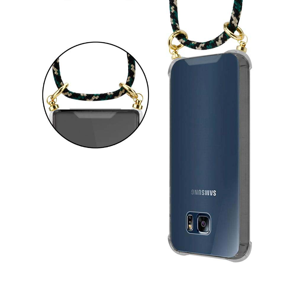 Una custodia trasparente per telefono con un cinturino nero e verde. La custodia ha un logo Samsung.