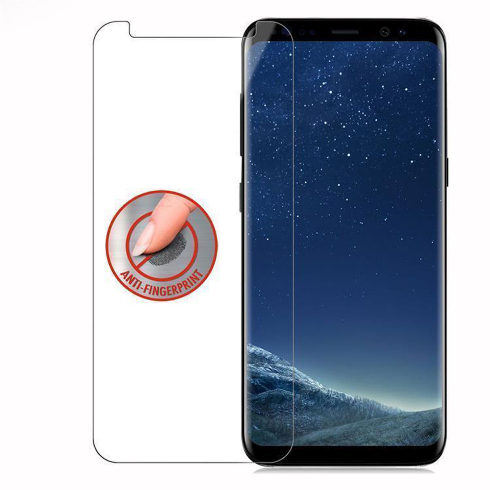 Telefono con protezione schermo applicata. Un dito tocca lo schermo. Testo: Anti-Impronte.