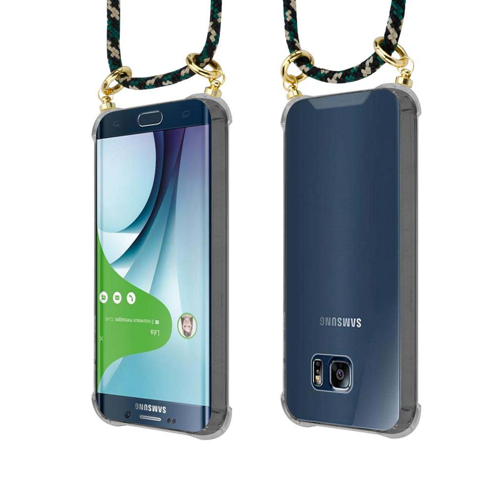 Telefono con un cordino attaccato. Telefono in una custodia. Vista anteriore e posteriore del telefono con il cordino.
