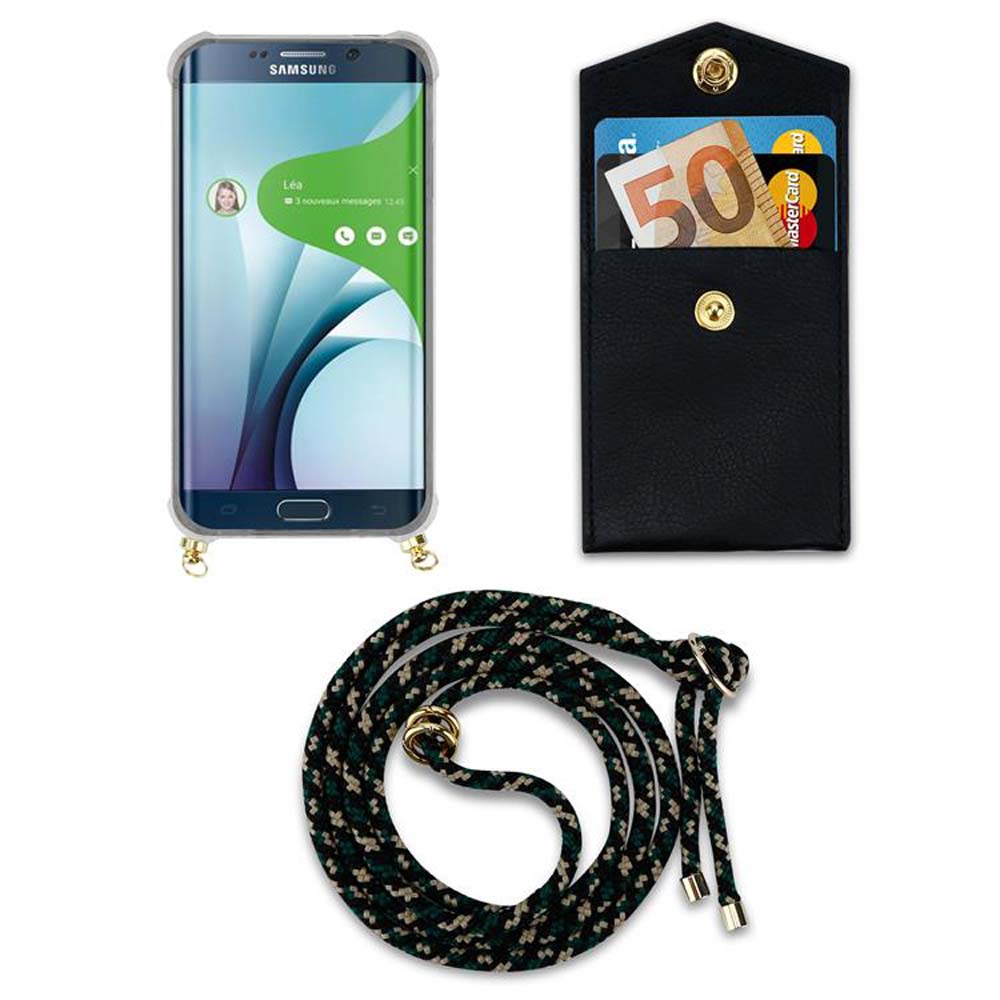 Telefono e custodia a portafoglio con cordino. Il telefono mostra un messaggio. Il portafoglio ha contanti e carte.