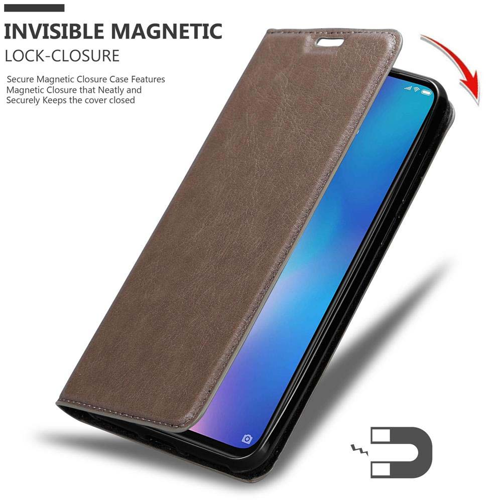 Eine Telefonhülle wird gezeigt. Die Abdeckung ist geöffnet und zeigt den Telefonbildschirm. Ein Magnet ist sichtbar.
