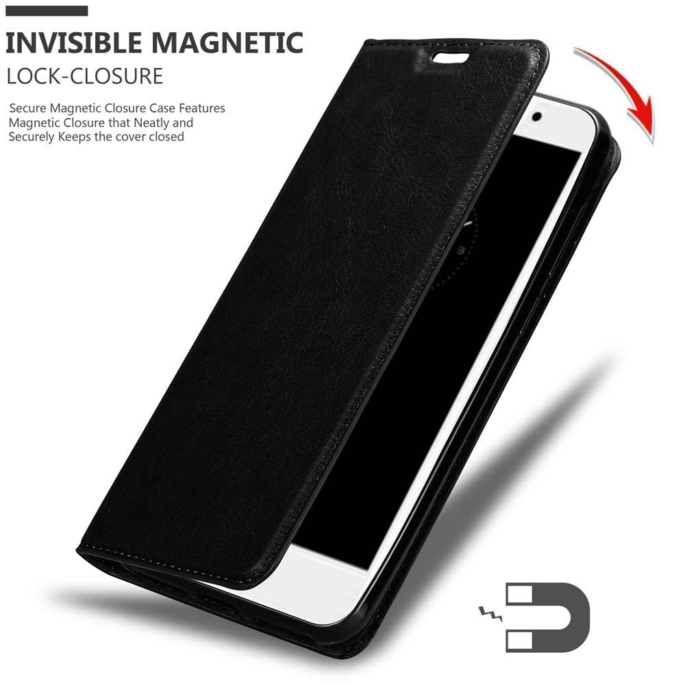 Custodia per telefono nera aperta, che mostra un telefono. Testo: Chiusura magnetica invisibile.
