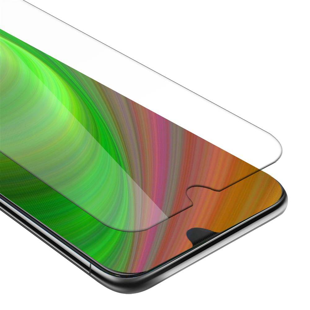 Primo piano di uno schermo del telefono con un vetro protettivo. Lo schermo mostra uno sfondo colorato.