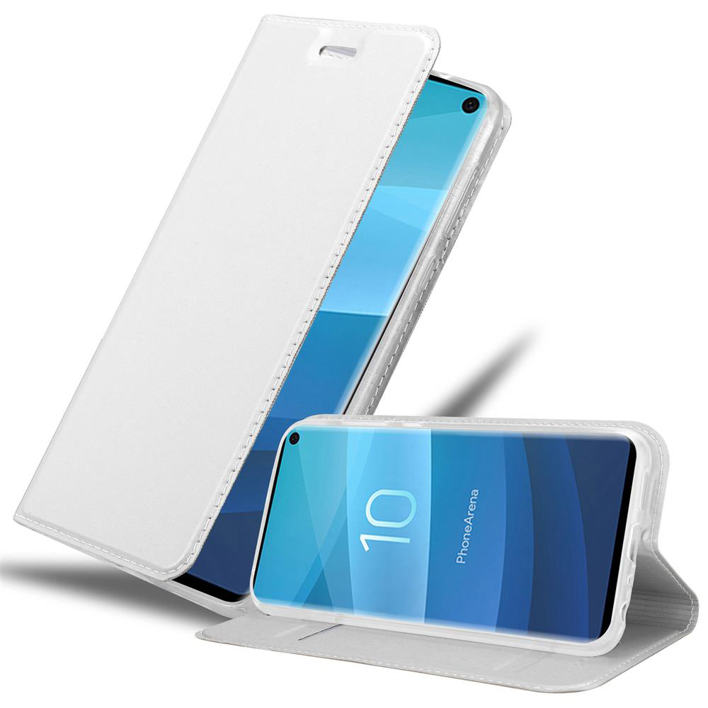Weißes Handycase mit Telefon. Case offen, Telefonbildschirm sichtbar. Telefon zeigt die Zahl 10 und PhoneArena.