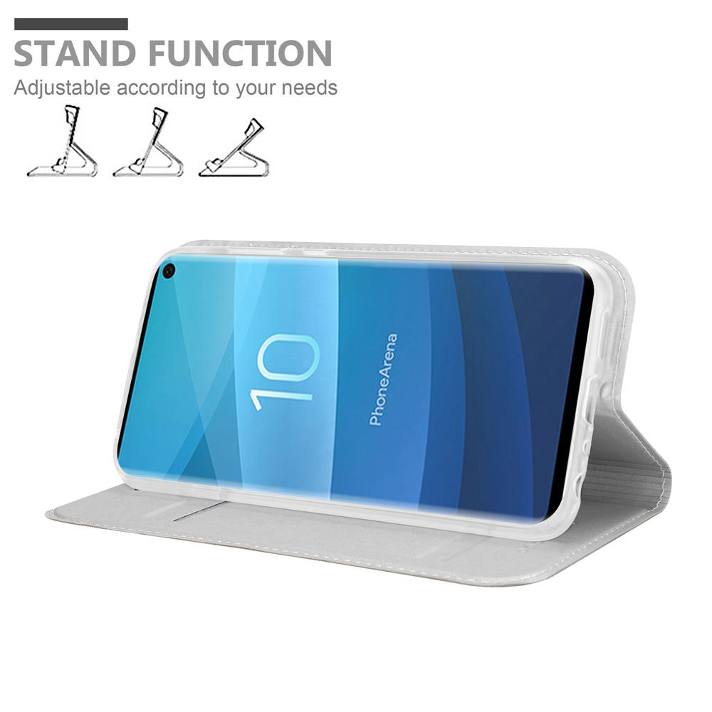Weiße Handyhülle. Die Hülle ist geöffnet und zeigt ein Telefon darin, mit einer Standfunktion.
